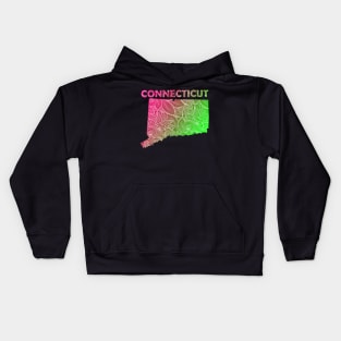 Colorful mandala art map of Connecticut with text in pink and green Kids Hoodie